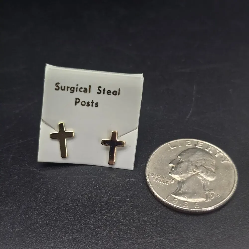 Gold Tone Cross Stud Earrings Surgical Steel Posts Religious Dainty Jewelry